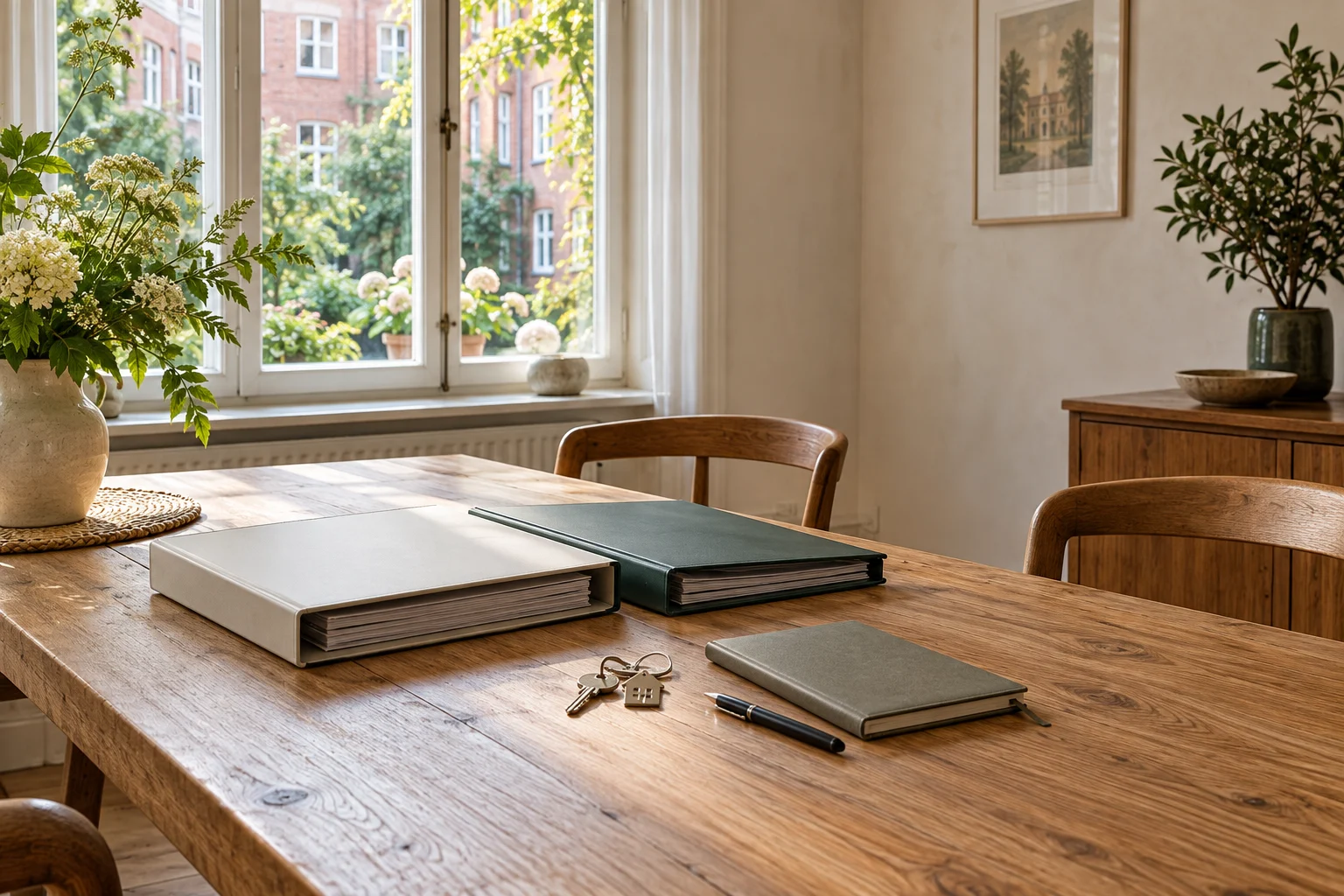 Geordnete Dokumentenmappen, Notizbuch, Stift und Hausschlüssel auf einem Holztisch am Fenster.